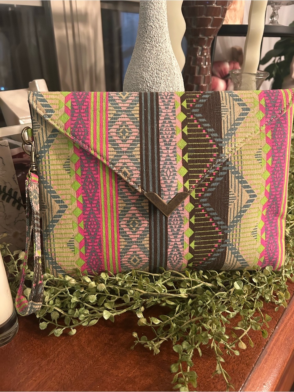 Boho Aztec Print Envelope Clutch in Pink and Green NWOT